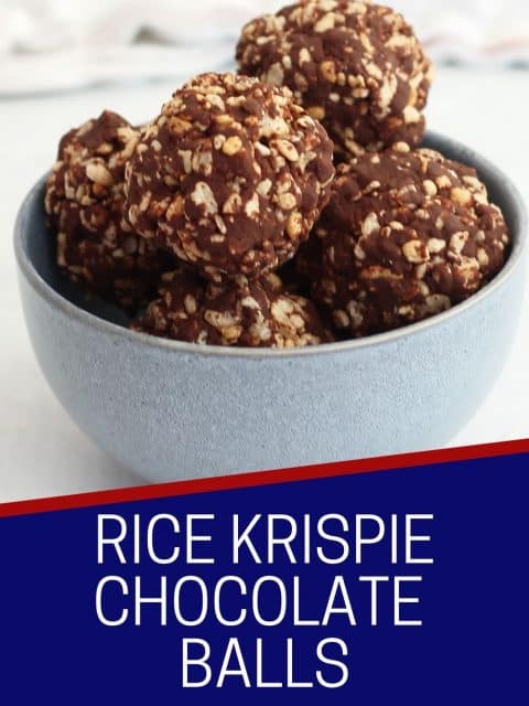 Pinterest graphic. Rice krispie chocolate balls with text.