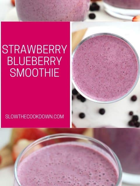 Pinterest graphic. Strawberry Blueberry Smoothie with text.