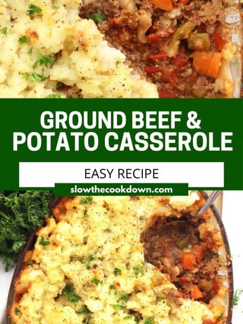 Pinterest graphic. Ground beef and potato casserole with text.