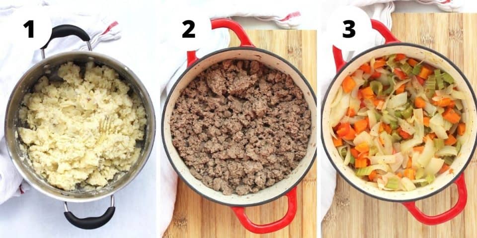 Three step by step photos to show the mashed potato and beef and vegetable filling.