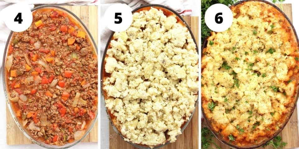 Three step by step photos to show the ground beef being topped with mashed potato.