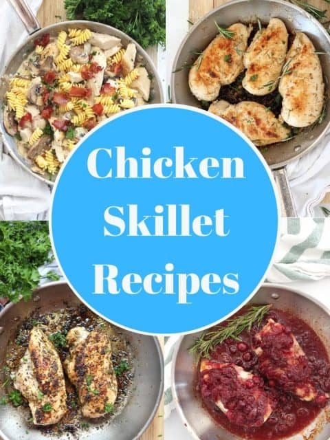 Collage of four chicken breast skillet recipes with text overlay.