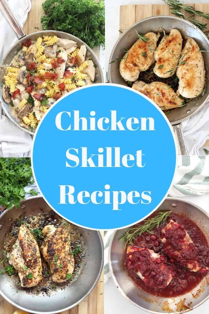 Collage of four chicken breast skillet recipes with text overlay.