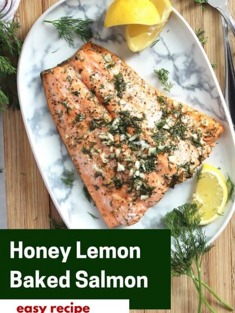 Pinterest graphic. Honey lemon baked salmon with text.