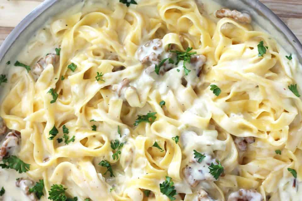 Close up of the gorgonzola and walnut pasta in a skillet.