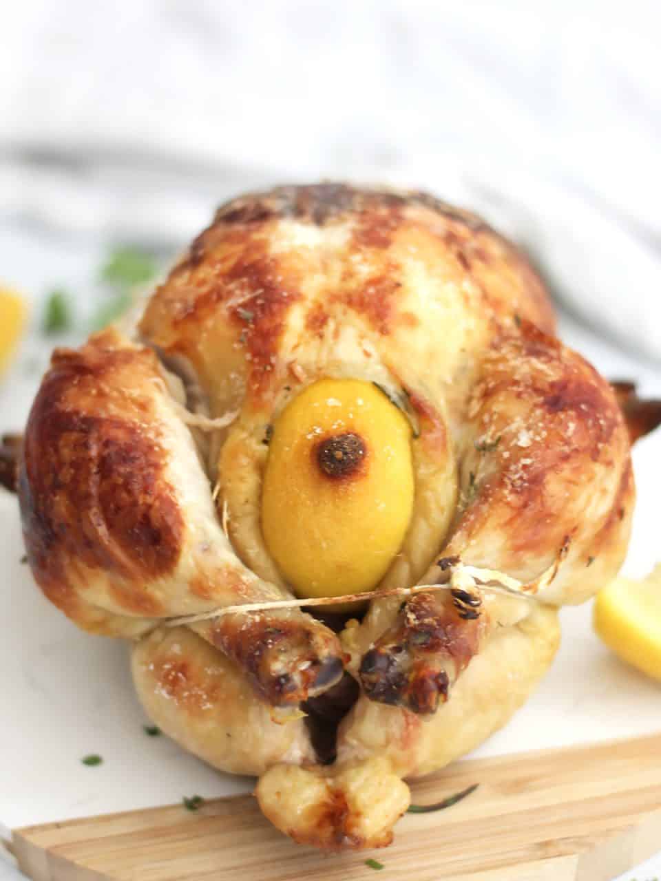 Buttermilk roasted chicken stuffed with herbs and a lemon.