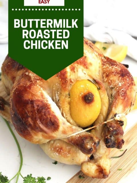 Pinterest graphic. Buttermilk roasted chicken with text.