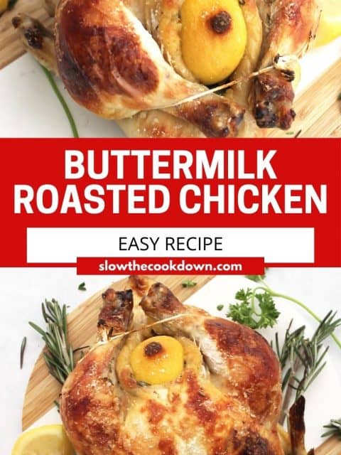 Pinterest graphic. Buttermilk roasted chicken with text.