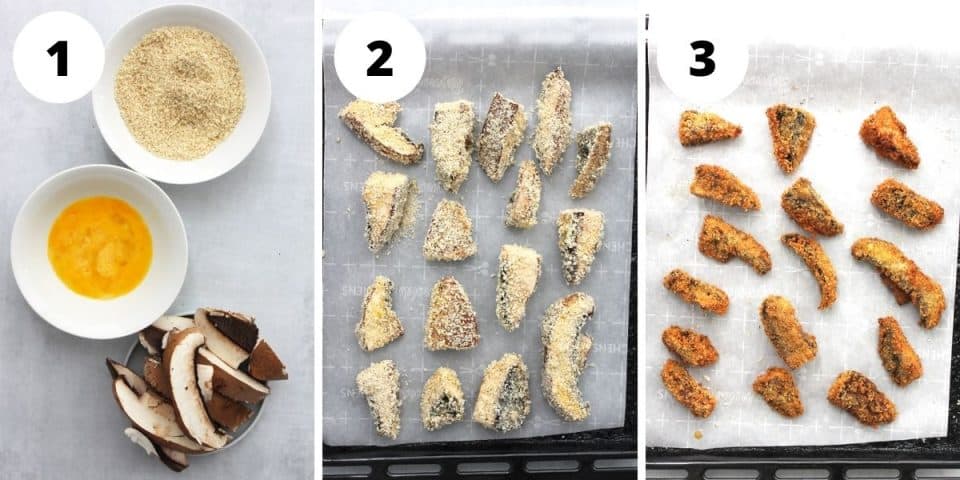 Three step by step photos to show how to bread the mushrooms and before and after frying.