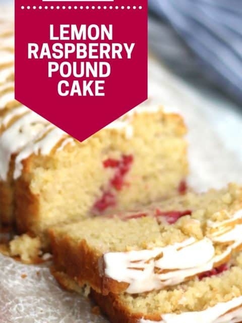 Pinterest graphic. Lemon raspberry pound cake with text.