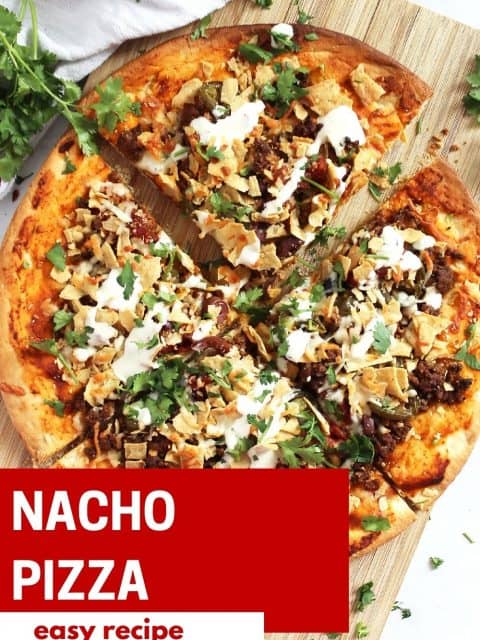 Pinterest graphic. Nacho pizza with text.