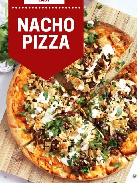 Pinterest graphic. Nacho pizza with text.