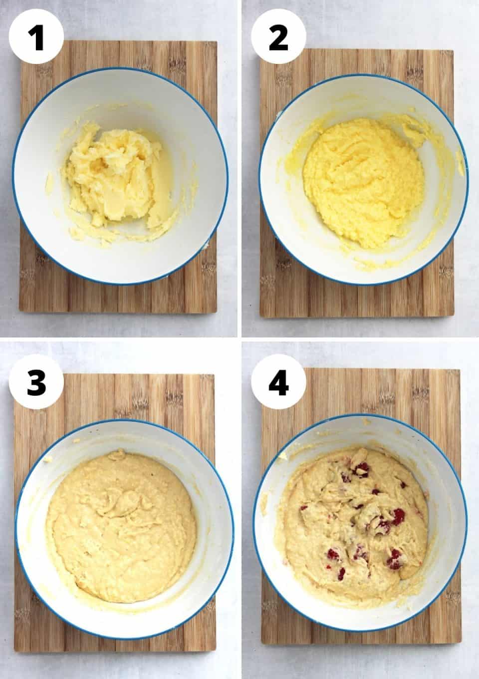 Four step by step photos to show how to make the pound cake batter.