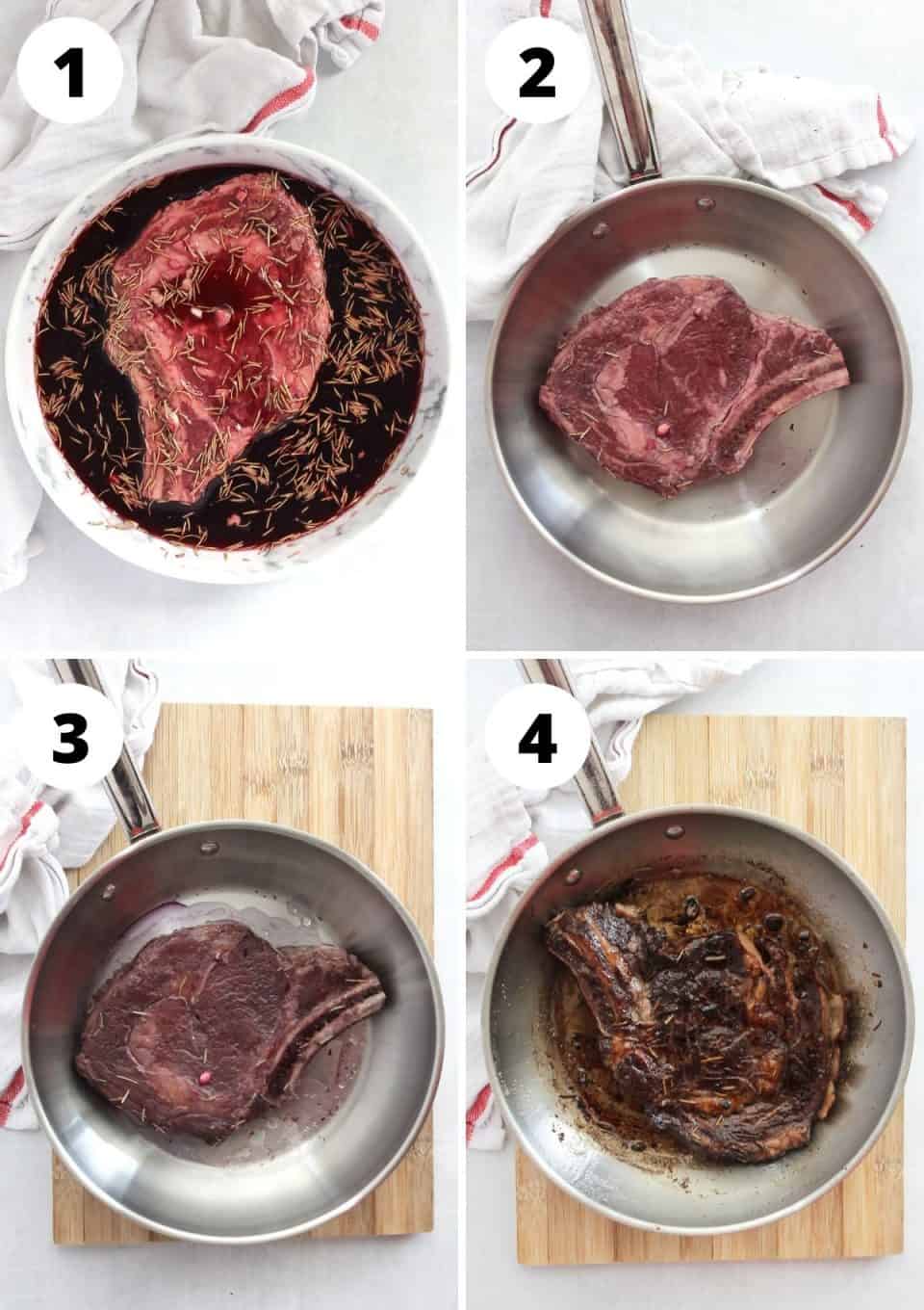 Four step by step photos to show how to marinate and cook the steak.