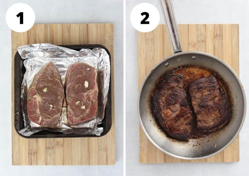Two step by step photos to show how to reverse sear the marinated steak.