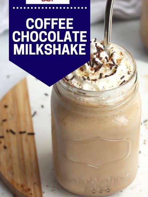 Pinterest graphic. Chocolate coffee milkshake with text.