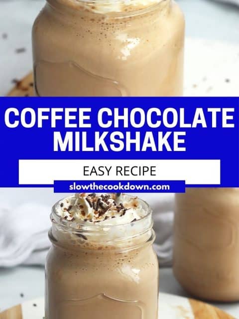 Pinterest graphic. Chocolate coffee milkshake with text.