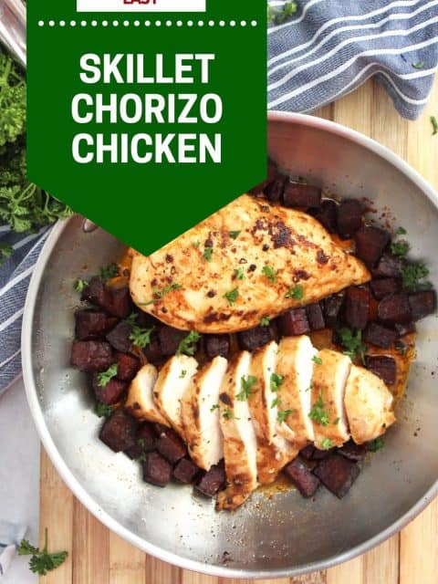 Pinterest graphic. Chorizo chicken with text overlay.