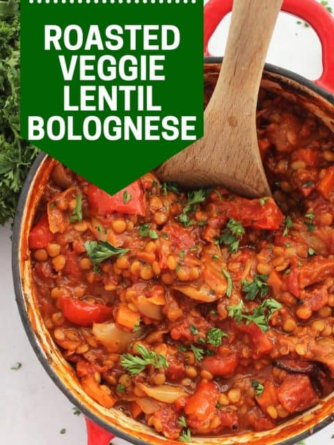Pinterest graphic. Roasted vegetable bolognese with text.