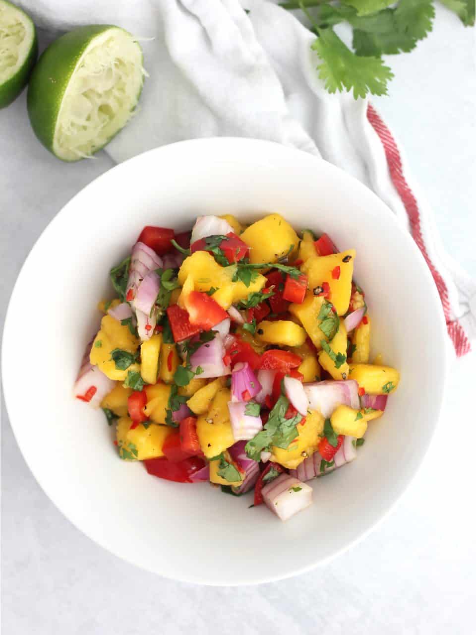 Overhead shot of mango salsa with red peppers and onion in a white bowl.