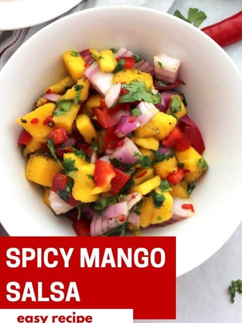 Pinterest graphic. Spicy mango salsa with text.