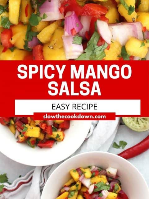 Pinterest graphic. Spicy mango salsa with text.