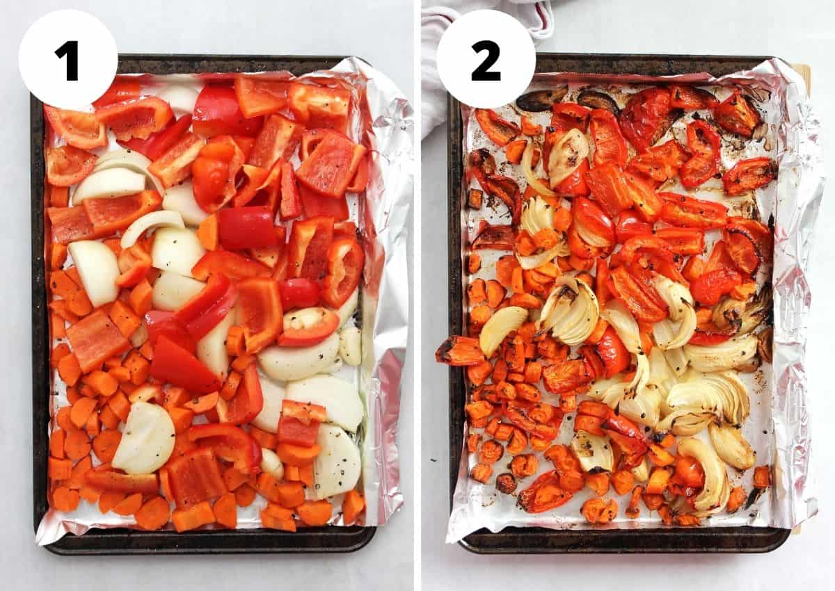 Two photos to show the chopped vegetables before and after roasting.