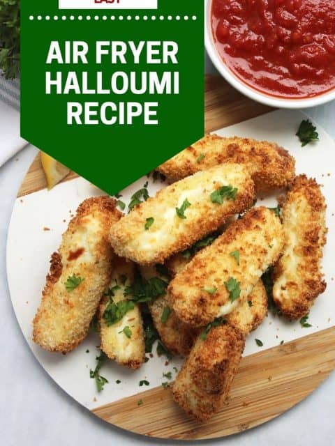 Pinterest graphic. Air fryer halloumi with text overlay.