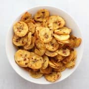 A bowl of air fried plantain chips.