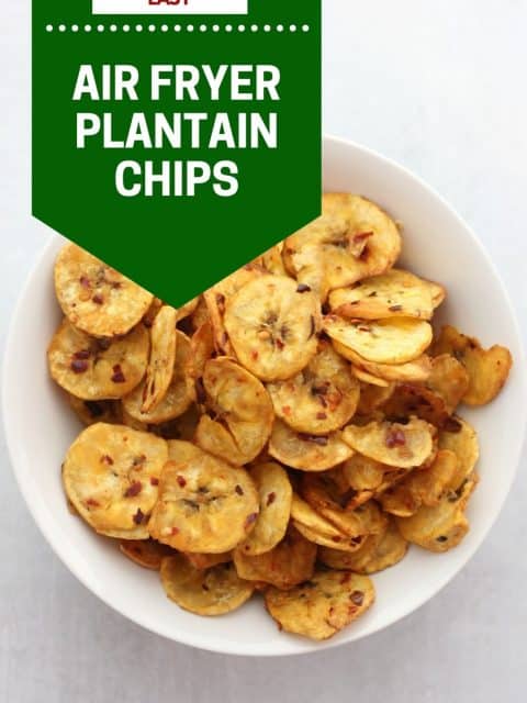 Pinterest graphic. Air fryer plantain chips with text overlay.