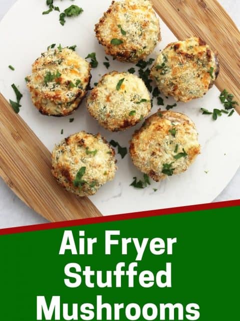 Pinterest graphic. Air fryer stuffed mushrooms with text overlay.