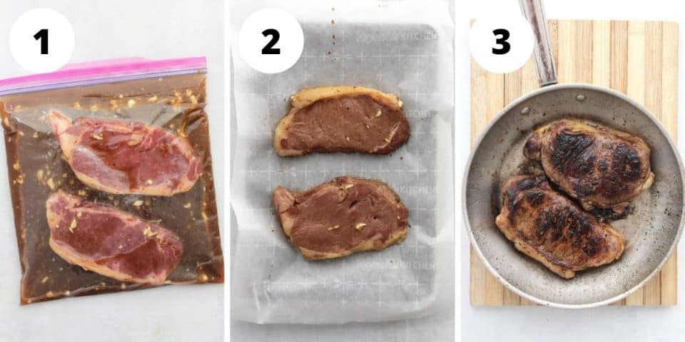 Three step by step photos to show how to marinate and cook the steaks.