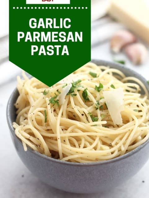 Pinterest graphic. Garlic parmesan spaghetti with text overlay.