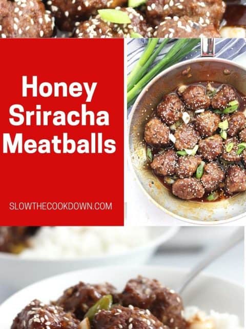 Pinterest graphic. Honey sriracha meatballs with text.