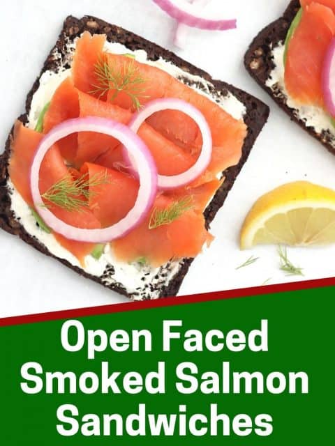 Pinterest graphic. Open faced smoked salmon sandwiches with text overlay.