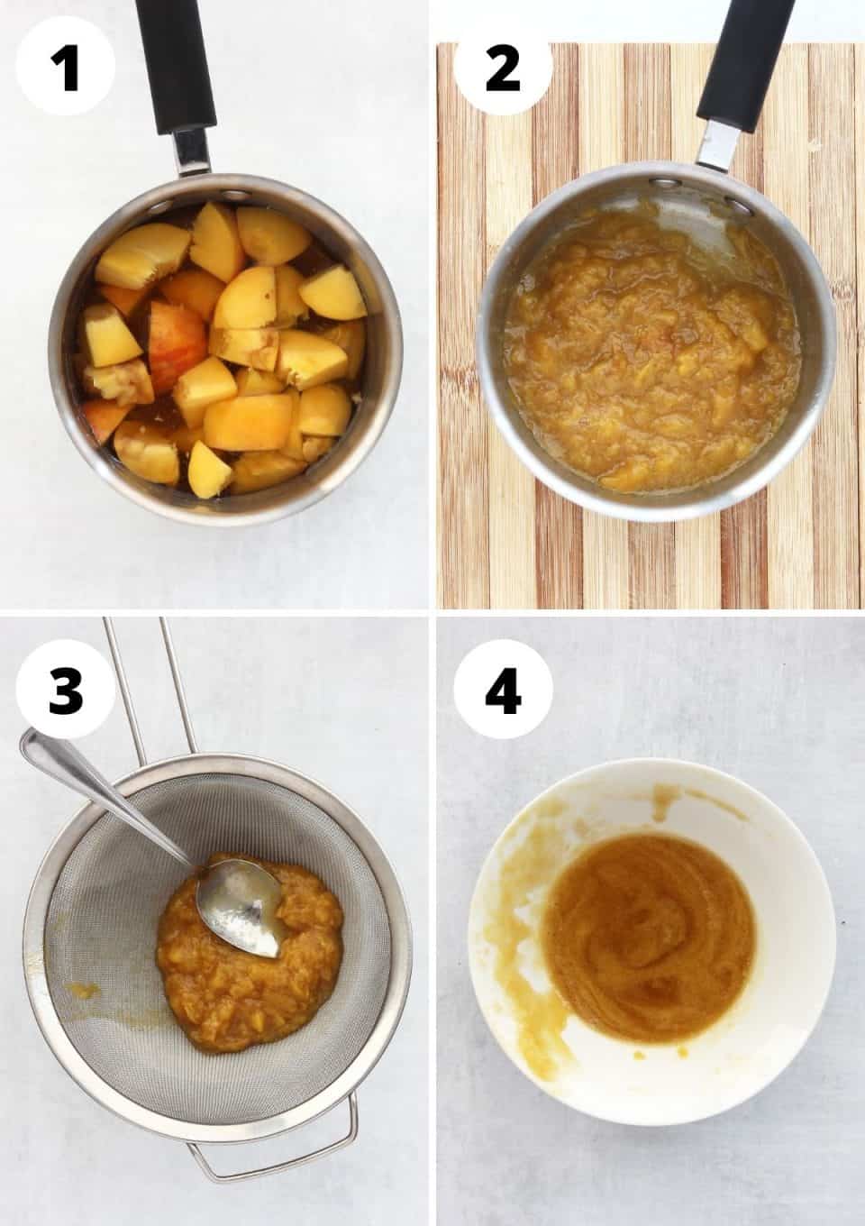 Four step by step shots to show how to make the peach puree.