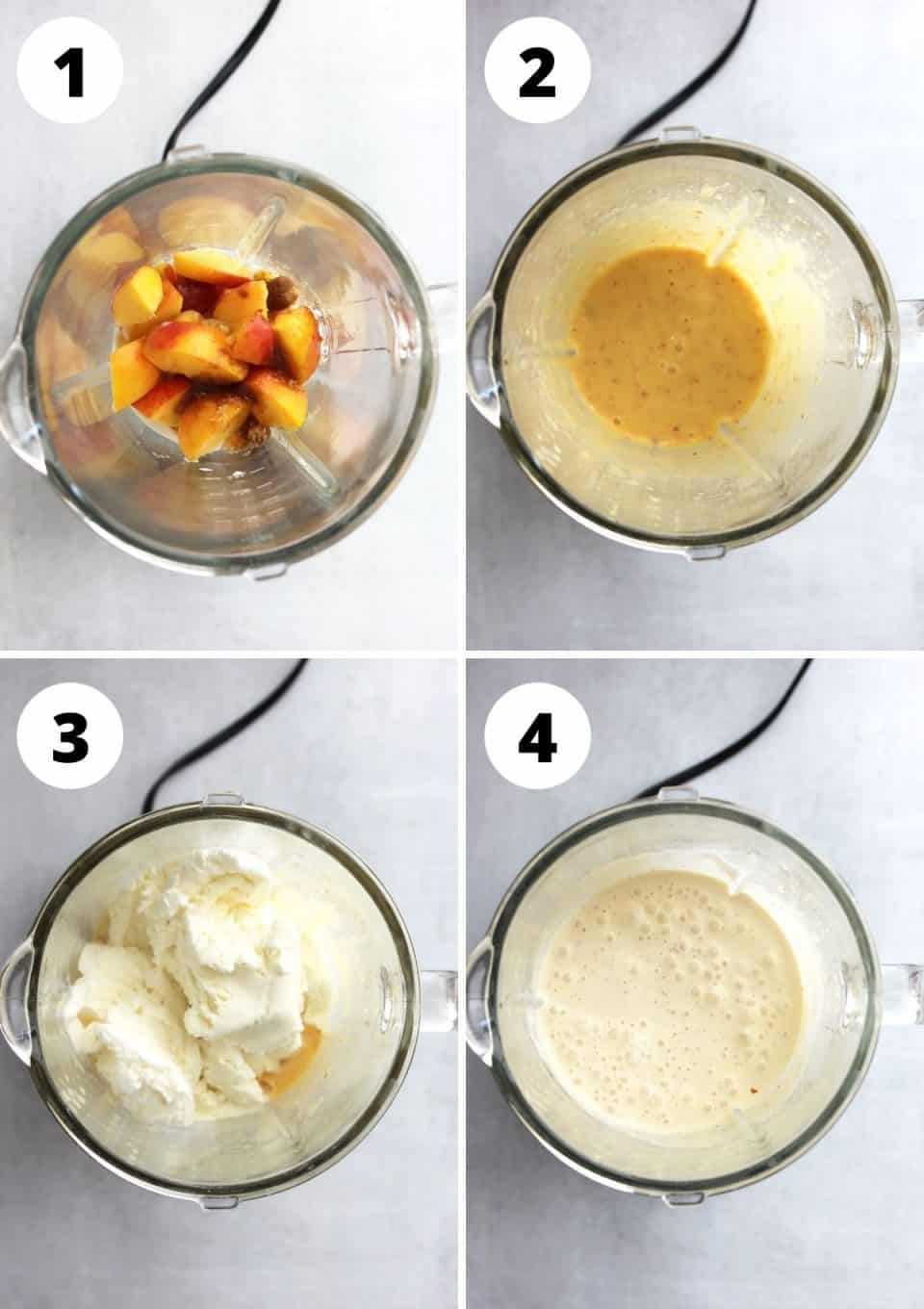 Four step by step photos showing how to make the milkshake in a blender.