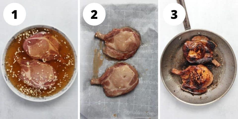 Three step by step shots to show how to marinate and cook the pork chops.