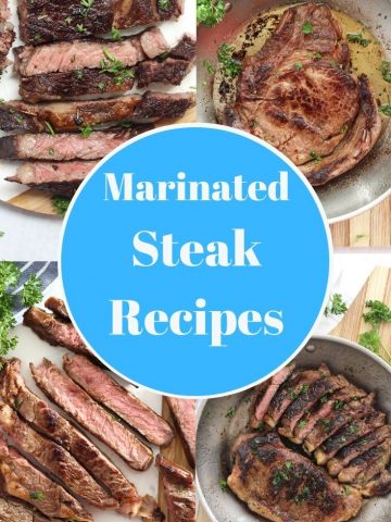 Collage of four marinated steak recipes with text overlay.