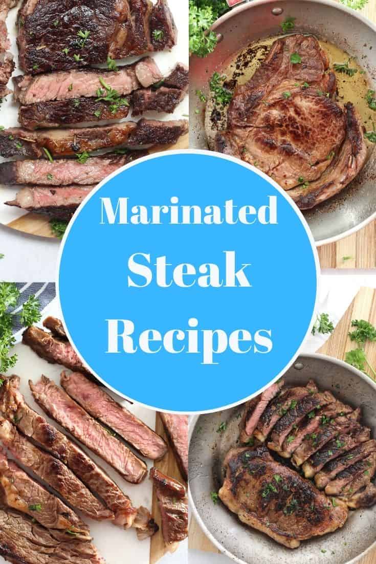 Collage of four marinated steak recipes with text overlay.