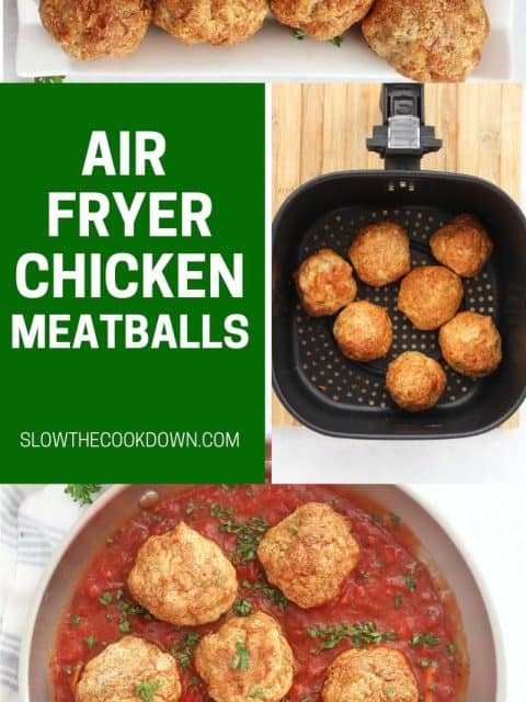Pinterest graphic. Air fryer chicken meatballs with text overlay.