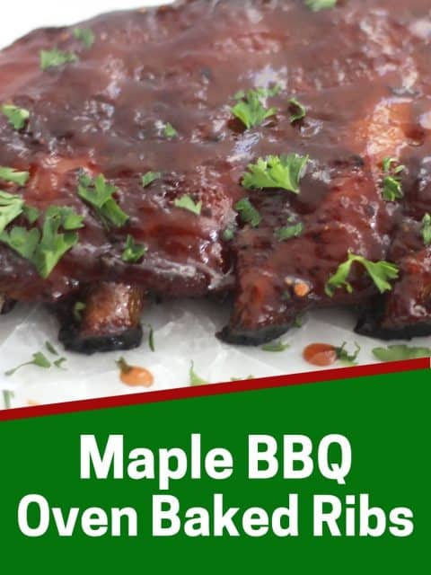 Pinterest graphic. Maple BBQ ribs with text overlay.