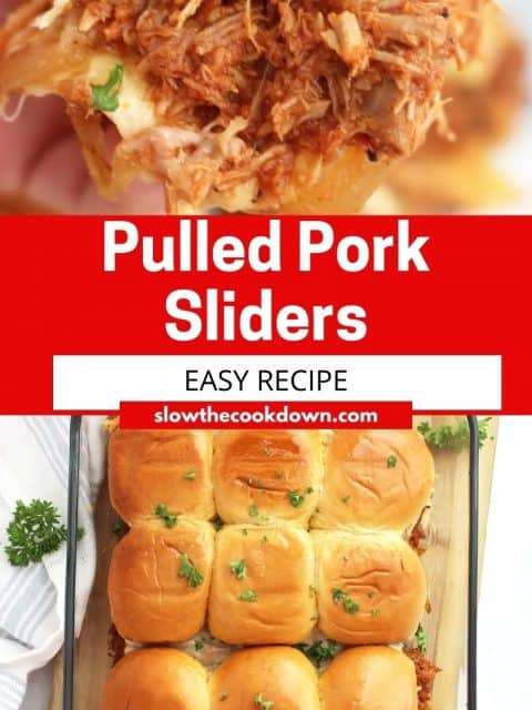 Pinterest graphic. Pulled pork sliders with text overlay.