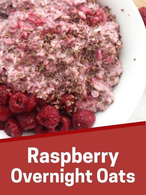 Pinterest graphic. Raspberry overnight oats with text overlay.