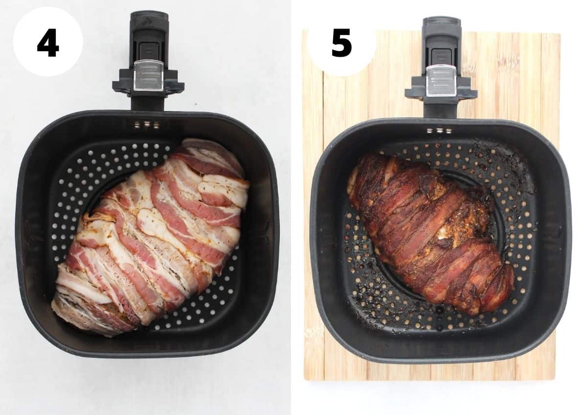 The bacon wrapped turkey breast in the air fryer basket before and after cooking.