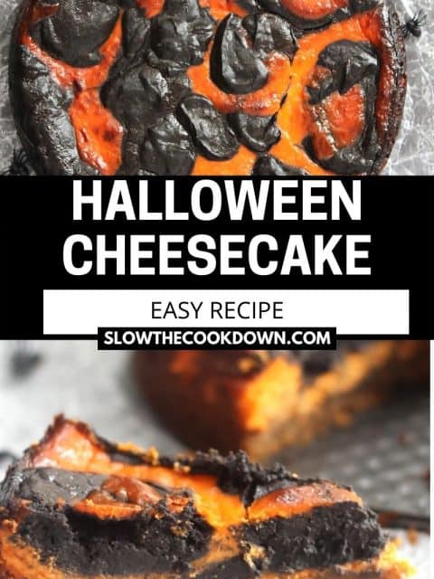 Pinterest graphic. Halloween chocolate orange cheesecake with text overlay.