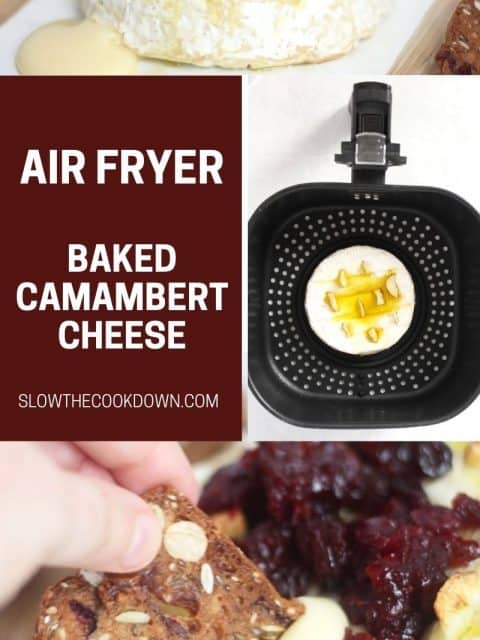 Pinterest graphic. Air fryer camembert with text overlay.