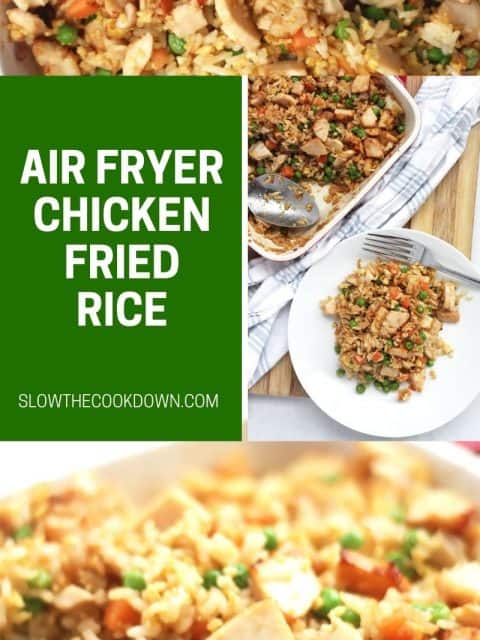 Pinterest graphic. Air fryer chicken fried rice with text overlay.