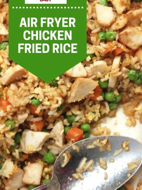 Pinterest graphic. Air fryer chicken fried rice with text overlay.