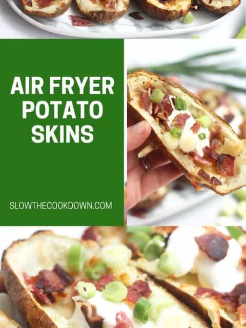 Pinterest graphic. Air fryer loaded potato skins with text overlay.